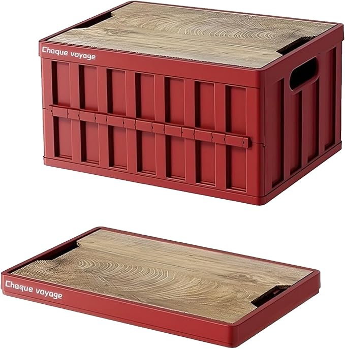 CTESNE【3-in-1 Wooden Lid 50L Storage Bins with Lids and Handle，Portable Foldable Storage Box ，Plastic Stackable Storage Bins for Camp Car RV, Office (Red)