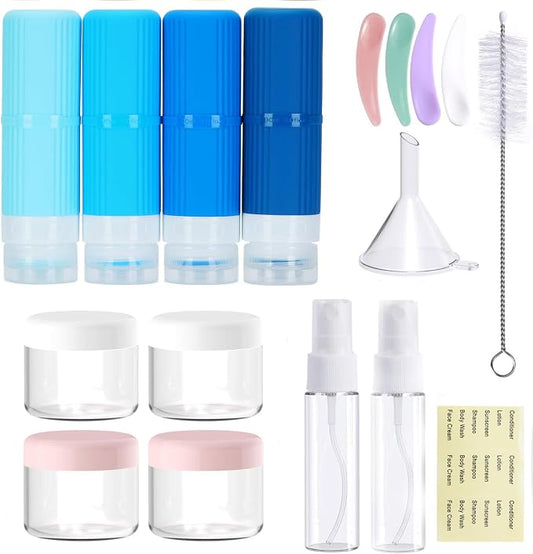 18 packs of toiletries travel bottles, TSA Approval silicone travel containers, leak proof refillable shampoo and conditioner are essential for travel, fitness, business trips, office use(blue)
