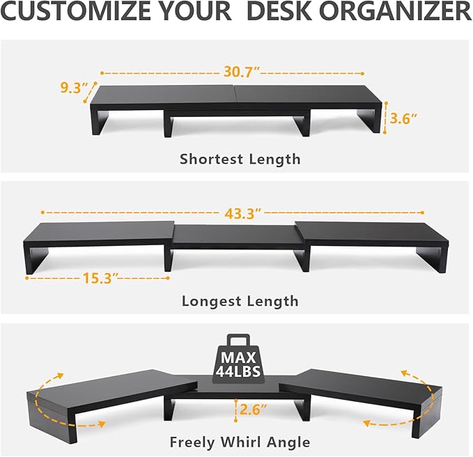 TAVR Dual Monitor Stand Riser Office Desktop Organizer Stand for 2 Monitors, Adjustable Length and Angle 3 Shelf, Extra Long Multifunctional Wooden Stand up to 43.3" fit Computer, Laptop, TV, Black