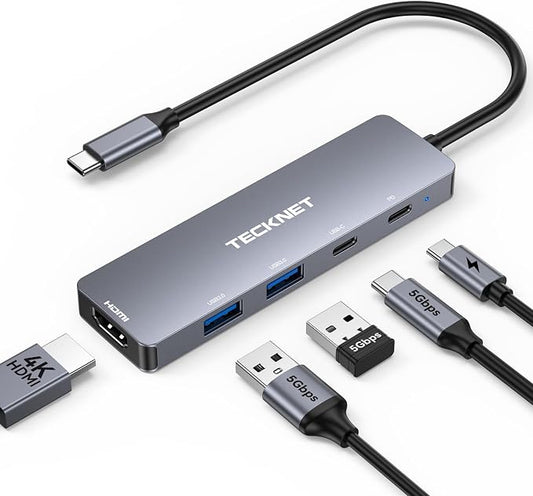 TECKNET USB C Hub 4K@60Hz, 5-in-1 USBC to HDMI Adapter with 100W Power Delivery, USB-C/USB-A 3.0 Data Ports, HDMI to USB C Multiport Adapter for MacBook iPad iPhone Nintendo Switch Steam Deck, USB Hub