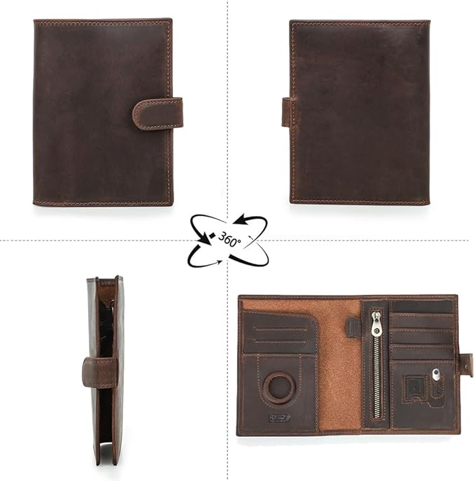 CONTACTS Full Grain Leather Passport Holder Compatible with Airtag Slot RFID Blocking Passport Wallet Travel Slim Passport Cover with SIM Card Removal Tool (Brown)