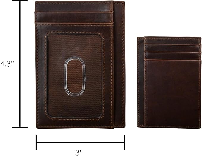 ili New York Genuine Leather Slim RFID Card Holder for Men - 7 Slots, Clear ID Window with Thumb Slide, Compact 4.5" x 3", Minimalist Credit Card Holder for Front or Back Pocket - Rustic Brown