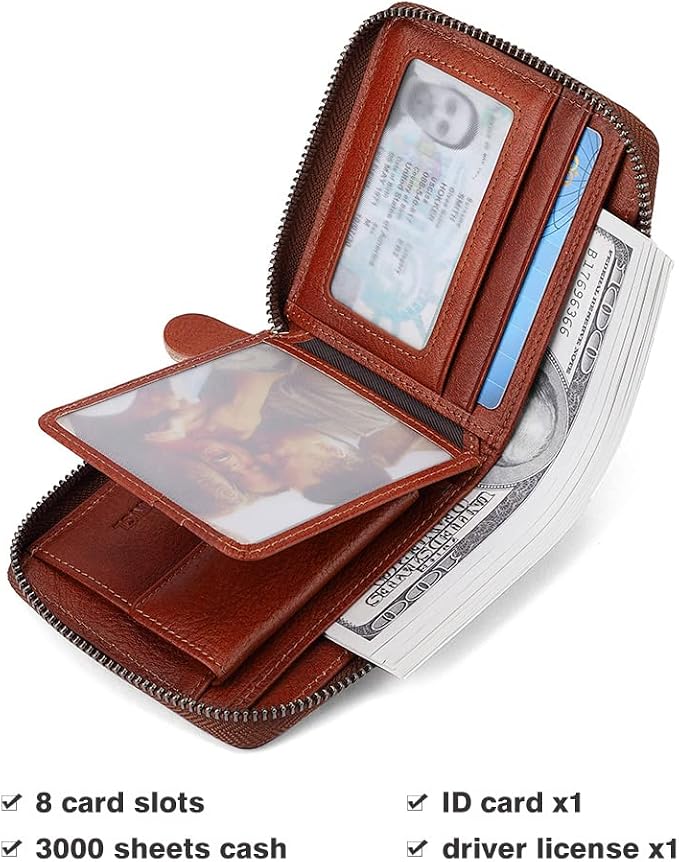 Mens Genuine Leather Zipper Wallet RFID Secure Large Capacity Double Fold Multi-card Leather Wallets for Men and coin purse