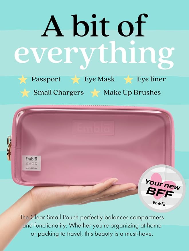Embla Medium Clear Makeup Bag Travel for Toiletries Cute Make Up Nylon Organizer Pouches Quart Size Cosmetic Bags for Women Girls Zipper Toiletry Skincare Pouch Organizer for Purse Light Pink