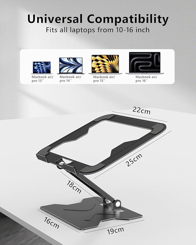 JCZT Adjustable Laptop Stand for Desk, Metal Foldable Laptop Riser, Portable Laptop Holder Mount for MacBook Air Pro, All 10-16'' Notebooks Laptops, Matte Black