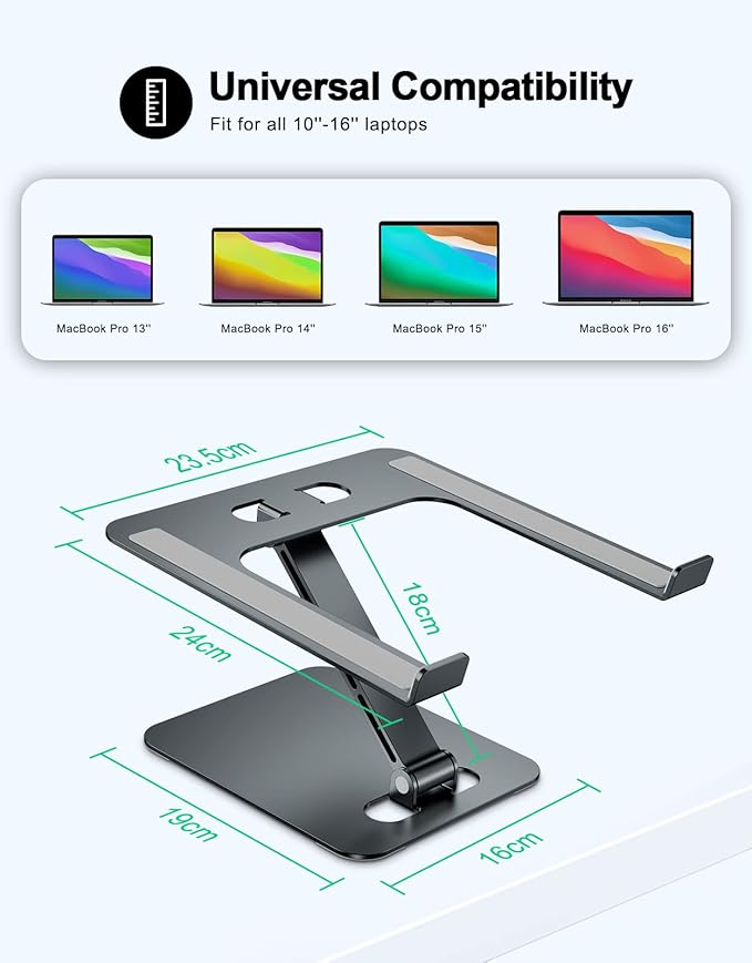 RIWUCT Foldable Laptop Stand, Height Adjustable Ergonomic Computer Stand for Desk, Aluminum Portable Laptop Riser Holder Notebook Mount Compatible with MacBook Pro Air, HP, Dell 10-16"(Gray)