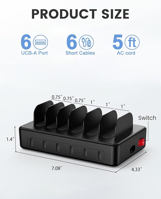 CREATIVE DESIGN 50W 6 Ports Multi Charger Station with 6 Charging Cables, USB Charging Dock for Multiple Devices, Compatible with Cellphone iPad Kindle Tablet and Other Electronic Devices