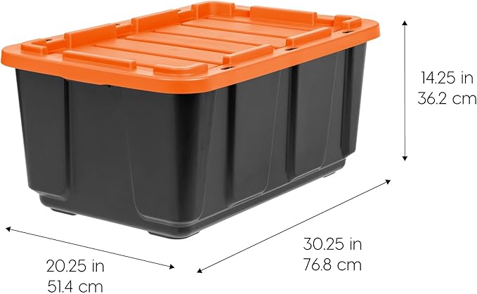 IRIS USA 3-Pack 27 Gallon Storage Bins with Lids |Made in USA| Heavy Duty Plastic Tote Containers for Truckbed Tool Box Organization, Large - Orange