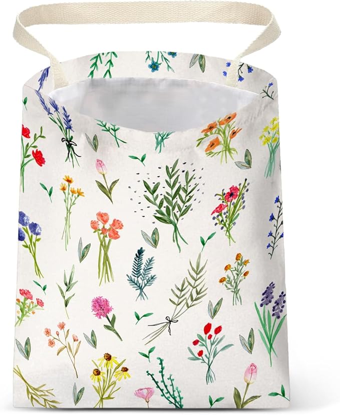 IRADA Car Trash Bag Hanging No Snap Small Garbage Bag for Car Back Seat Cute Printed One-Handed Strap Trash Bags Car Accessories-Wildflowers-White Car Trash Bags