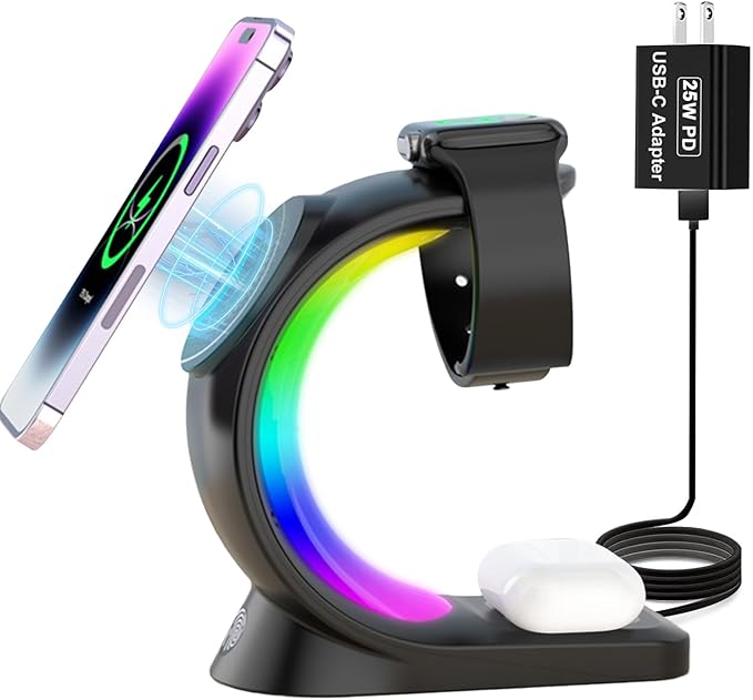 3 in 1 Wireless Charging Station, [6-Color RGB Light] 15W Fast Magnetic Wireless Charger Stand for Multiple Devices Apple, for iPhone 17/Air/16/15 Pro Max, for iWatch 2 to 9