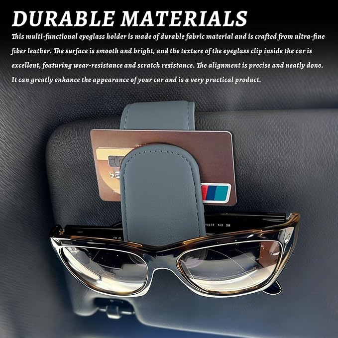 Sunglass Holder for Car, Car Sunglass Holder, Magnetic Leather Sunglasses Holder and Ticket Card Clip, Auto Multi-Functional Sun Visor Eyeglass Holders for SUV Pickup Truck (Light Grey)