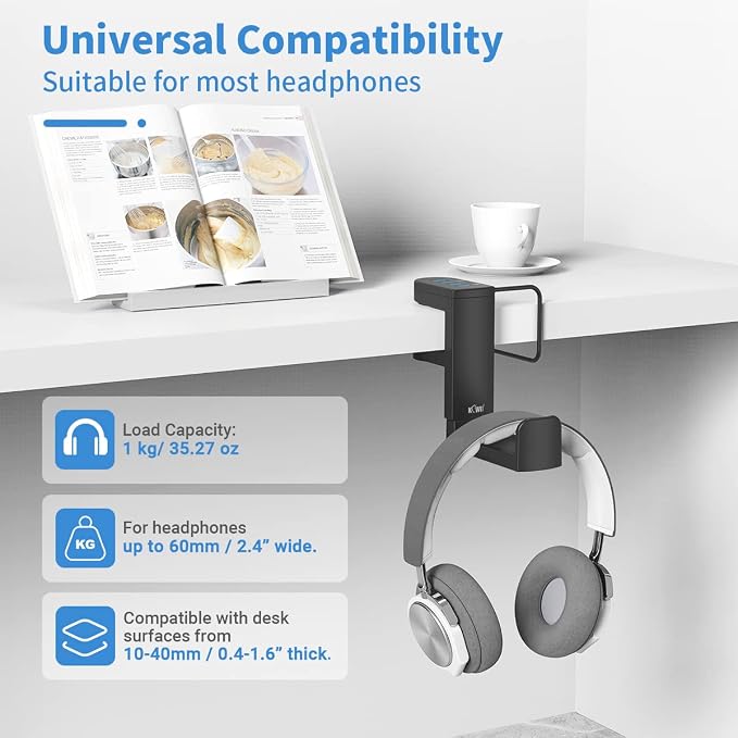KIWIFOTOS Headphone Stand with 4 USB Ports Hub PC Gaming Headset Holder Hanger 360 Degree Rotation Clamp Under Desk Headphone Hook Mount with Cable Clip Organizer