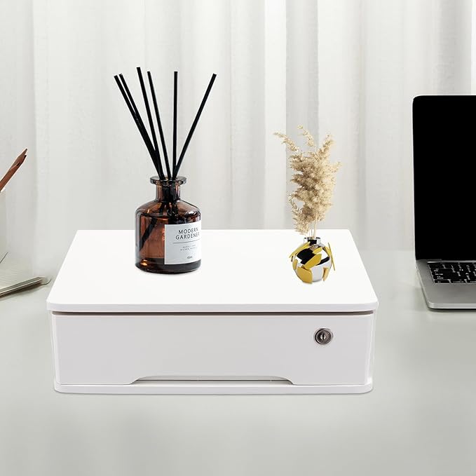 Xuthusman Desk Organizer with Drawer, Wooden Desktop Storage Box with Lockable Office Supplies Drawer Organizer Tabletop Storage Multifunctional Desktop Storage Box for Office Study Dresser（white）