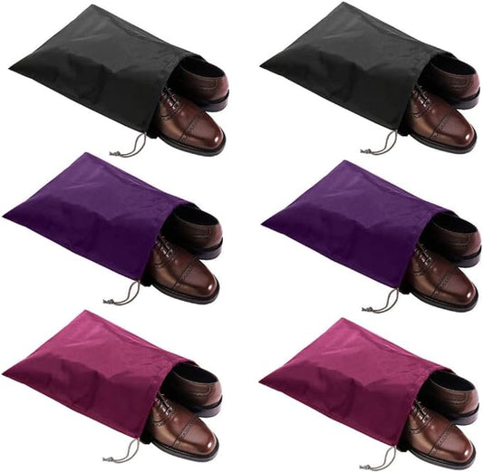 6 Pack Waterproof Nylon Shoe Bags Travel Bags for Men Women (Black+Rose Red+Purple, 15.1"(L) x12.2"(W))