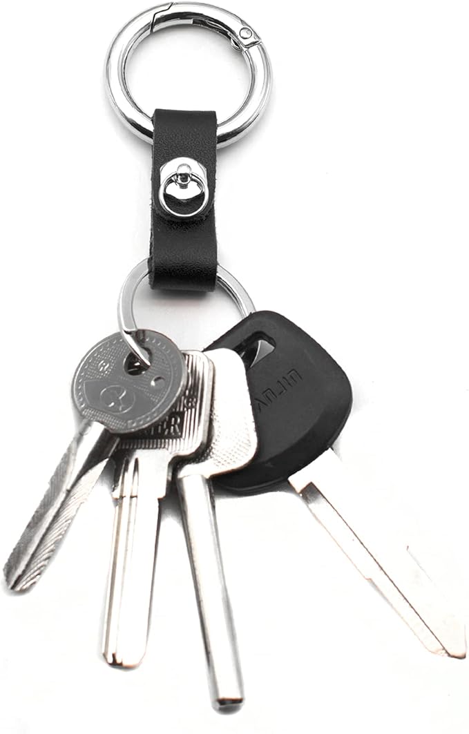 Circle Carabiner Keychain Clip Quick-Release Spring Ring & Anti-lost Ring Attach Leather Key Chain, No Screwdriver Required, 1 Pack, Black