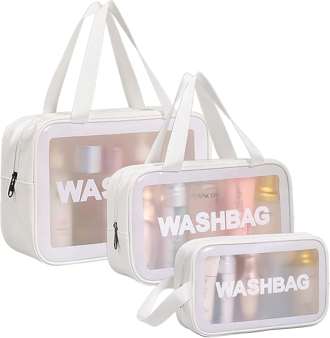 Travel Toiletry Bag for Women and Men, Matte Translucent Shower Bag with Handy Handle, Makeup Cosmetic Organizer Bag for Travel Toiletries Accessories (White)