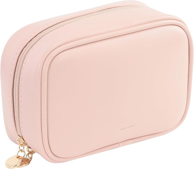 RIGHT AWAY Small Makeup Bag for Purse,Cosmetic Bag Organizer for Women,Waterproof PU Leather Make Up Pouch Toiletry Bag with Pockets,Portable Makeup Case for Travel Accessories&Accessories(Pink)