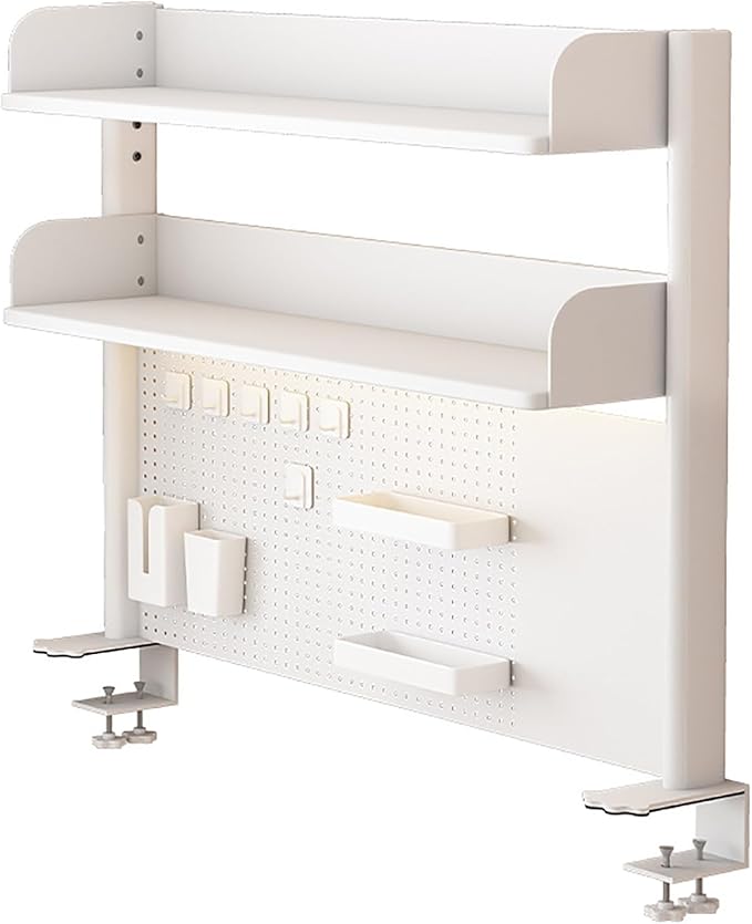 Clamp on Desk Organizer Shelf, 2-Tier Shelving Unit Desk Extender Pegboard Workstation, with Adjustable Storage Tray, for Table Accessories(White,60x95cm)