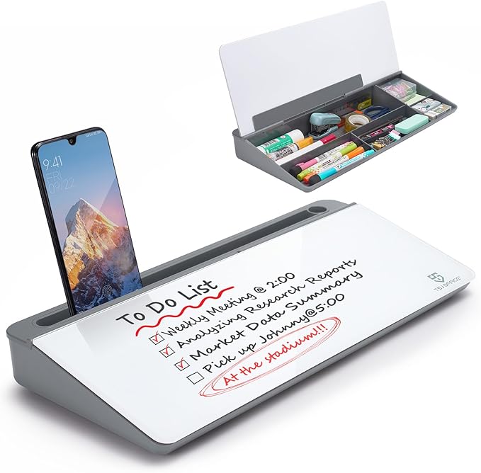Small Desktop Glass Whiteboard Dry-Erase-Board - Computer Keyboard Stand White Board Surface Pad with Drawer, Desk Organizers with Accessories for Office, Home, School Supplies - Grey