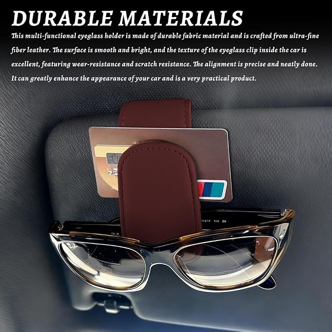 Sunglass Holder for Car, Car Sunglass Holder, Magnetic Leather Sunglasses Holder and Ticket Card Clip, Auto Multi-Functional Sun Visor Eyeglass Holders for SUV Pickup Truck (Wine Red)
