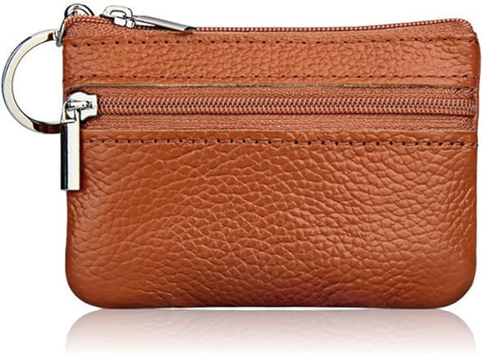 Hibate Brown Small Leather Coin Purse Change Pouch for Women Men Kids with Zip Key Ring