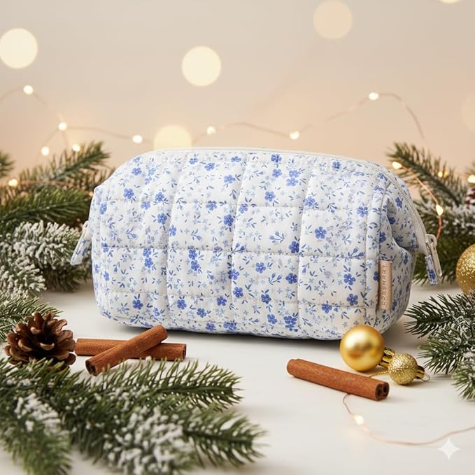 BAGSMART Makeup Bag Travel Toiletry Bag, Puffy Padded Make Up Bags for Women Makeup Organizer Case, Wide-open Pouch Purse Travel Essentials Toiletries Accessories Brushes, Blue Ditsy Floral