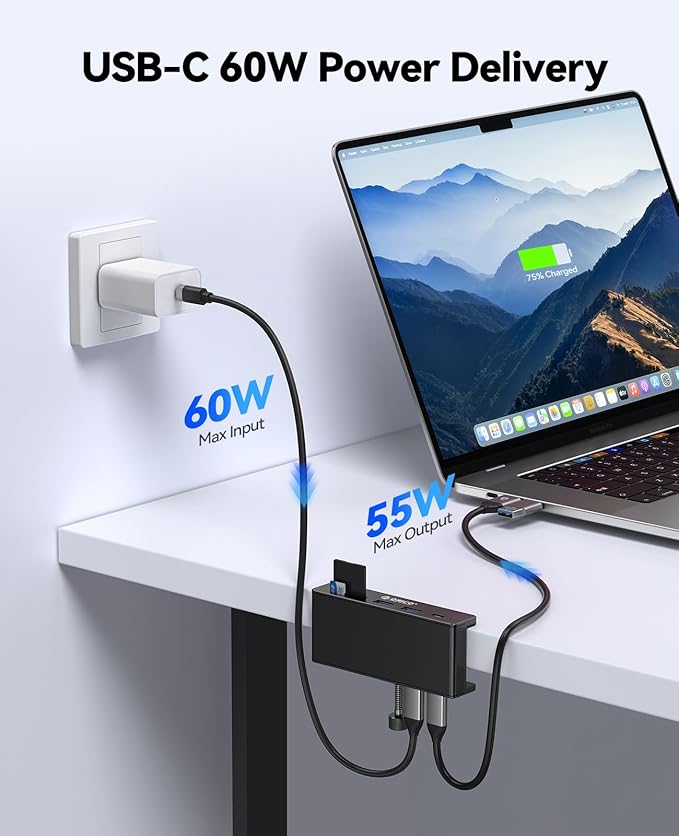 ORICO USB Hub 3.2, USB-Hub Clamp with Type-C PD 60W Port, 10Gbps Aluminum 6-Port USB Extender with 2 USB-A 3.2 Ports, USB-C 3.2, SD/TF Card Reader 3.0, AUX, USB-3.2 Splitter for Monitor, Desk