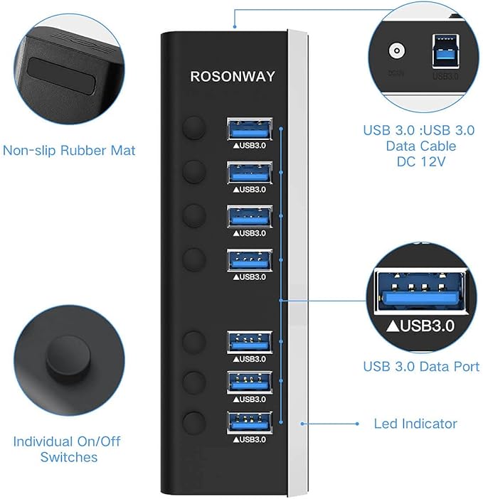 USB Hub 3.0 Powered Rosonway Aluminum 7 Ports USB 3.0 Data Hub Splitter with 24W (12V/2A) Power Adapter and Individual On/Off Switches USB Port Expander for PC and Laptop (RSH-A37S) (Pack of 2)
