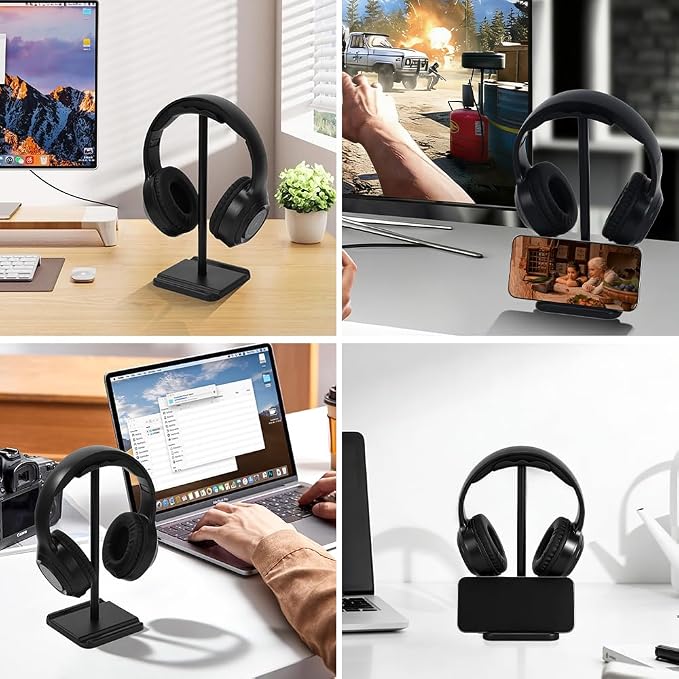 Headphone Stand, Headset Holder with Phone Holder for Desk Office Gaming, TPU-Padded Headrest, Aluminum Pole, Anti-Slip ABS Base, Universal Earphone Stand, 1 Pack Black