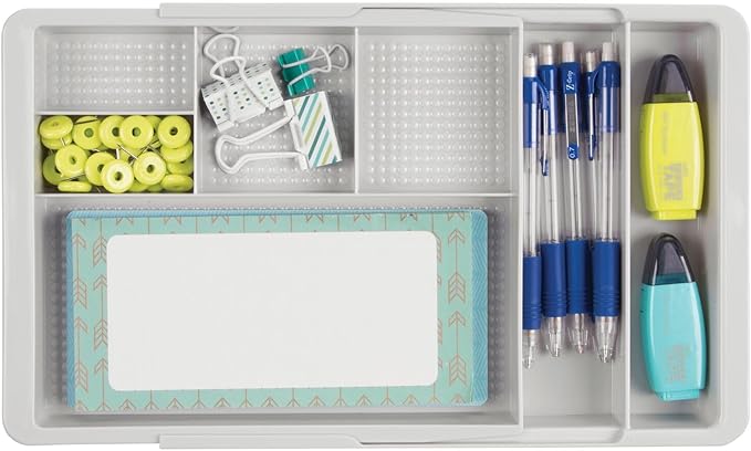 mDesign Expandable Plastic Drawer Organizer and Storage Container for Office Supplies - Gel Pen Pencil, Marker, Stationary, Desk Supply Holder for Drawers and Desktop - Lumiere Collection - Light Gray