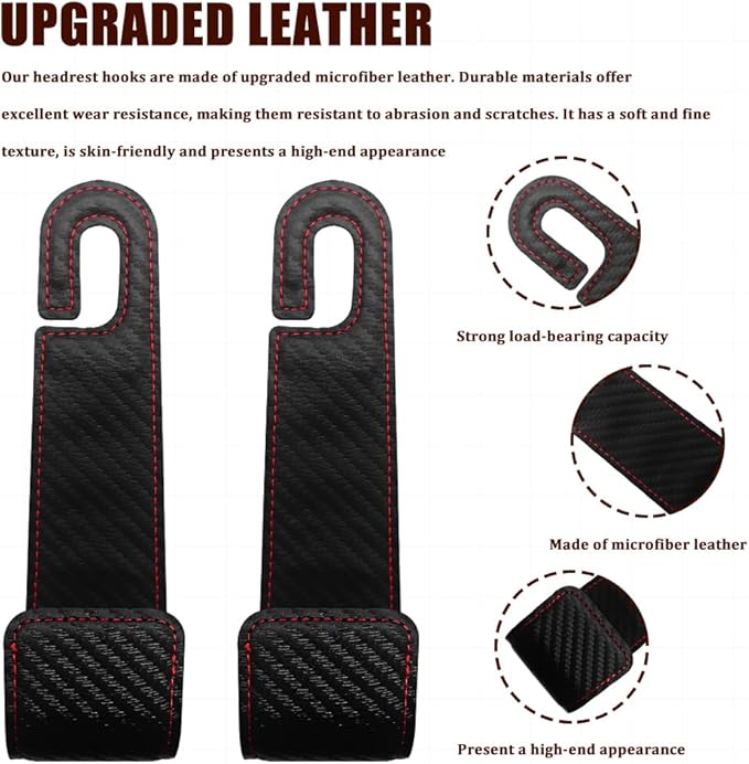 2PCS Car Seat Headrest Hooks, Purse Hook for Car, Automotive Headrest Handbags Holder, Auto Accessories Leather Seatback Organizer Hanger for Hanging Purses Bags Coats (Carbon Fiber, 2PCS)