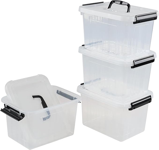 4 Packs Plastic Stackable Storage Container Bin with Lid and Latch, Plastic Latching Box with Handle, 5 L