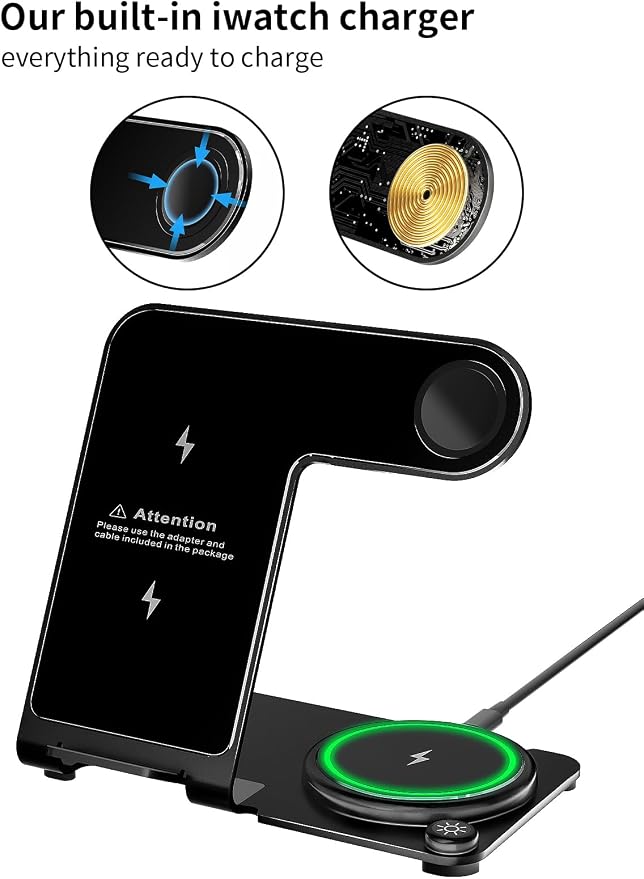 Wireless Charger, Aluminum Alloy 3 in 1 Wireless Charging Station for Apple iPhone/iWatch/Airpods,iPhone15 14,13,12,11 (Pro, ProMax)/XS/XR/XS/X/8(Plus),iWatch8/7/6/SE/5/4/3/2,AirPods 3/2/pro