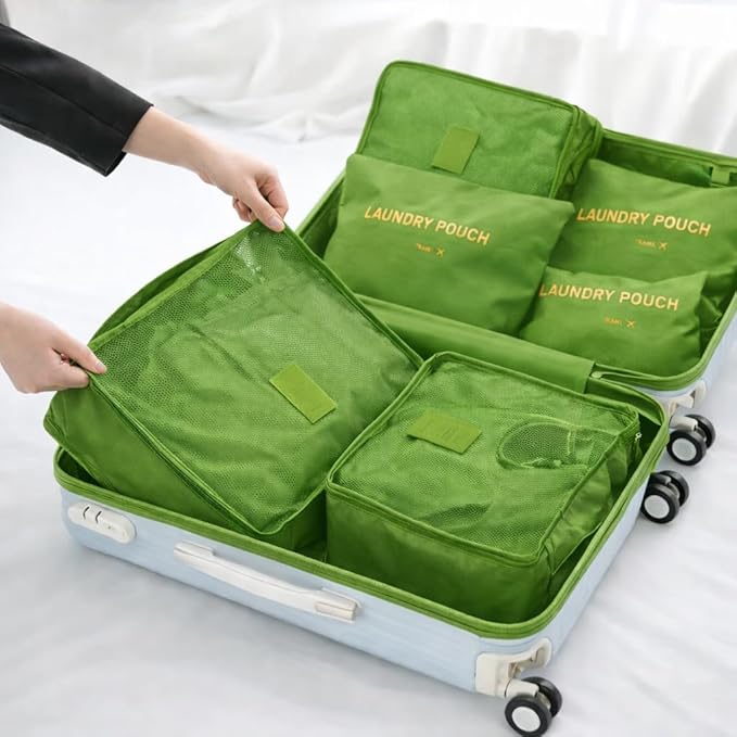 6 Set Travel Packing Cubes for Luggage – Laundry Pouch Organizer Bags, Lightweight Storage Pouches for Clothes, Shoes, and Toiletries (green)