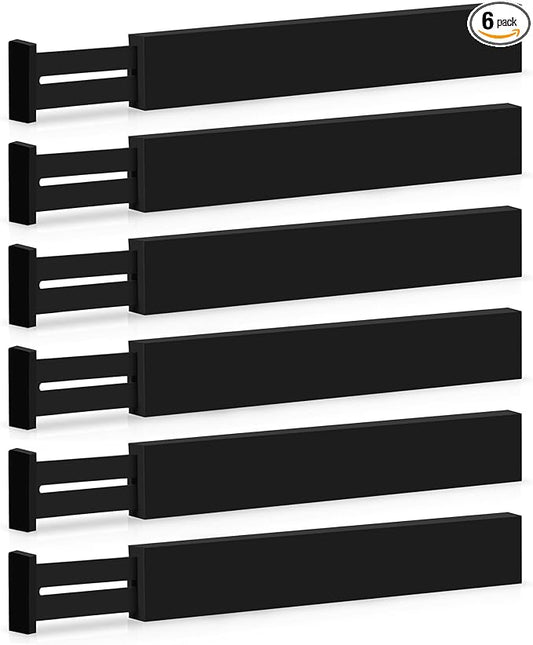 6 Pack Bamboo Drawer Dividers - 17" to 21.5" Expandable Adjustable Drawer Organizer for Kitchen Utensils, Large Drawer Divider, Clothes, Dresser, Bedroom, Bathroom, Desk Drawer Separator Set (Black)