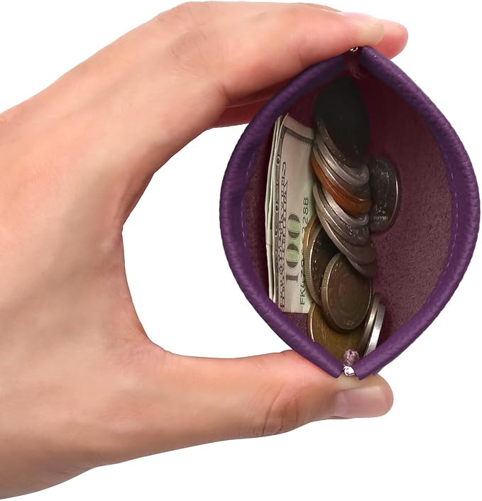 Genuine Leather Squeeze Coin Purse Pouch Change Holder For Men & Women Mini Change Purse Pouch for Pocket, Small Pouch Credit Card Key Headset Lipstick Holder (Purple)