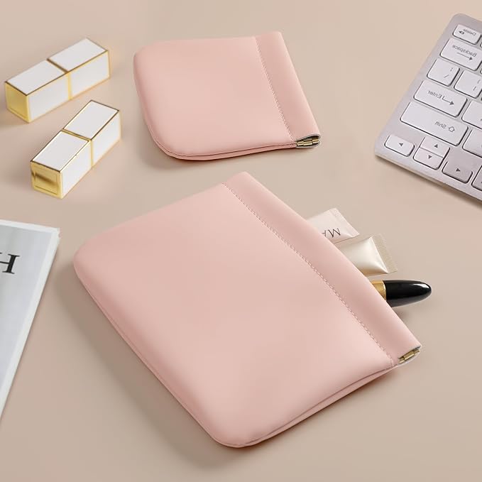 2 Pack Small Makeup Bag for Women, New Organosilicon Super Fiber PU Leather Mini Cosmetic Bag for Travel, Coin Purse Organizer Storage Pouch (No Phrase Printed, Pink)