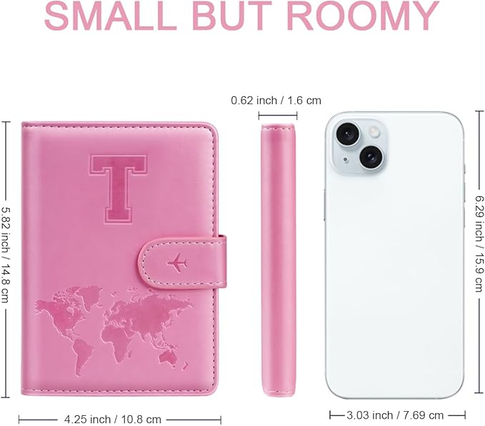 Passport Holder Cover Initail Letter A-Z Travel Wallet Embossed Design RFID Blocking Card Holder Personalized Gift Passport Cover Wallet, Passport Book Holders for Women and Girls, Pink-T