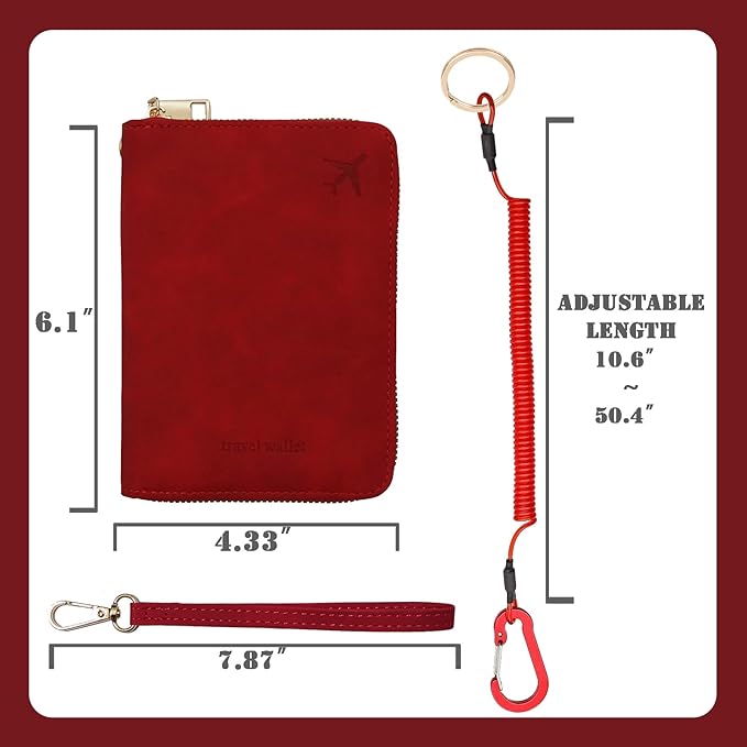 Passport Holder with Tether and Carabiner Clip to Prevent Loss and Theft, Rfid Passport Holder for Travel, Passport Cover, Wallet & Case for Men and Women (Red - Tether and Carabiner)