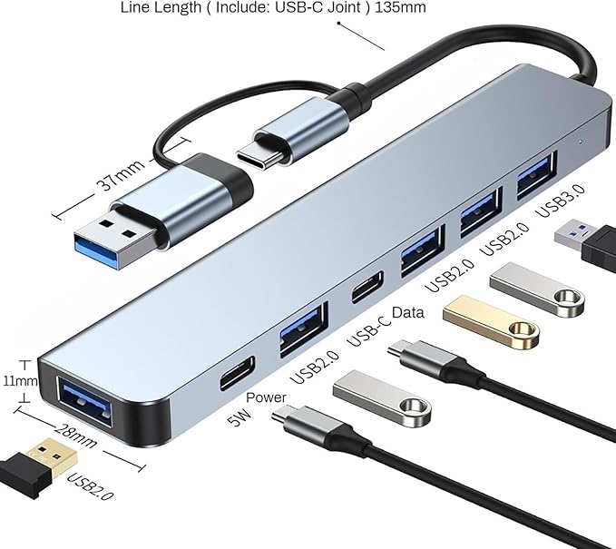 USB C Hub 7 in 1 Multiport Adapter, with USB 3.0, USB 2.0 Type-C Data PD Charging Ports for Laptop, PC, Desktop and Other Type C Devices