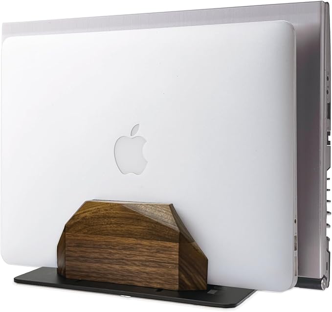 Walnut Wood Vertical Laptop Stand, Dual Slot Wooden Laptop Holder Vertical for Desk, Width Adjustable Dock Compatible with MacBook Pro and Universal Gaming Laptops