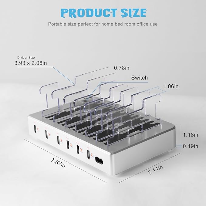 Charging Station for Multiple Devices, 6 Ports Multi Devices USB Charger Fast Cell Phone Charging Station for iPhone iPad Tablet (Silver, 6 Mixed Cables Included)