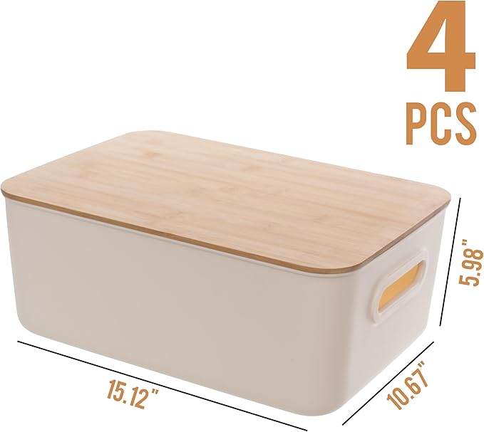 Citylife 4 PCS Storage Bins with Bamboo Lids Plastic Storage Containers for Organizing Stackable Storage Box with Handle, 15 x 10.6 x 5.8 inch