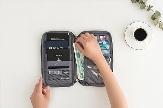 Family Passport Holder for 3 to 4, Passport Wallet with Zipper, Strap, Card Slots, Travel Document Organizer Nylon Men Women Boarding Pass Pouch Bag ID Credit Card Case Cover (Black, Small)