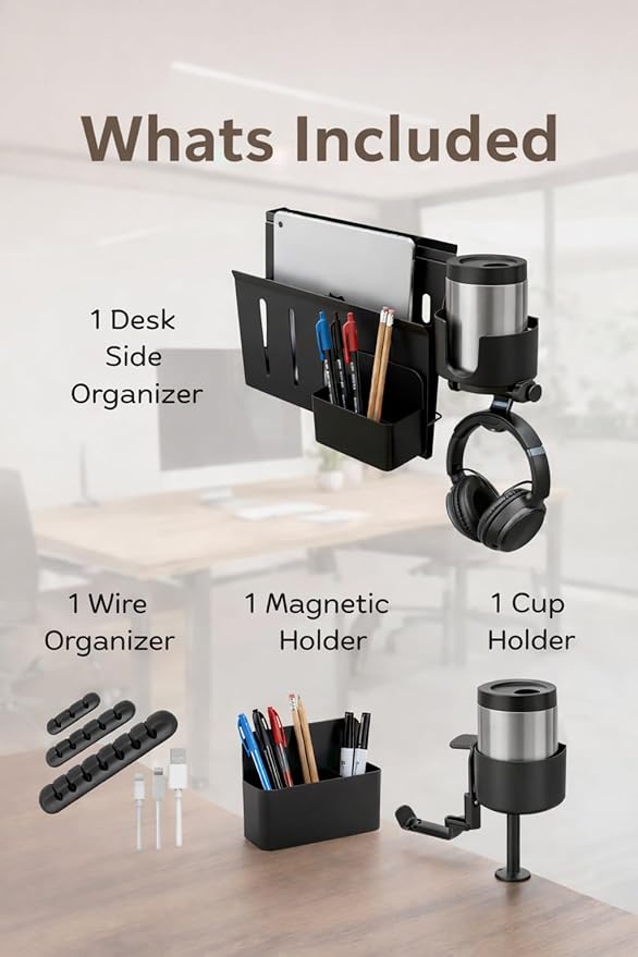 Desk Side Storage Organizer Clamp On – Side Desk Organizer Kit with Cup Holder, Magnetic Cable Organizer & Accessory Magnet, Hanging Desk Organizer for Home Office & Standing Desk