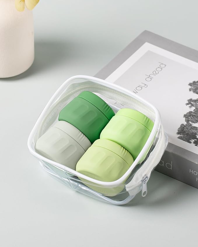 Mrsdry Travel Containers for Toiletries, TSA Approved Travel Size Toiletries 4 Pack, Refillable Containers, With Clear Bag, Leak Proof Silicone Jars, Essentials Creams Jars Carrying Small Items