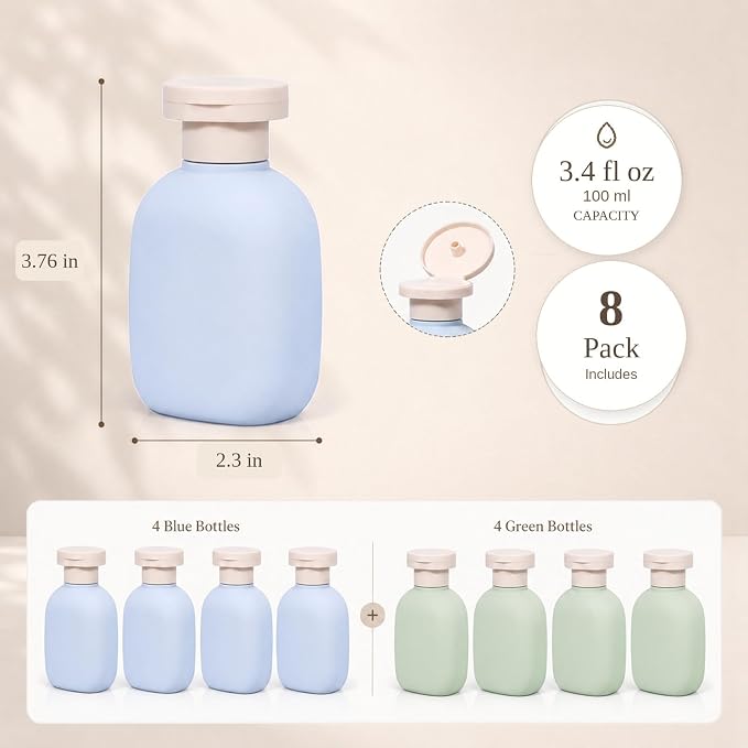 DEMORA 3.4oz Refillable Empty Plastic Travel Bottles Set, 8 Pcs Leak Proof Squeeze Bottles with Flip Cap, TSA Approved Travel Containers for Shampoo, Conditioner, Lotion, Toiletries