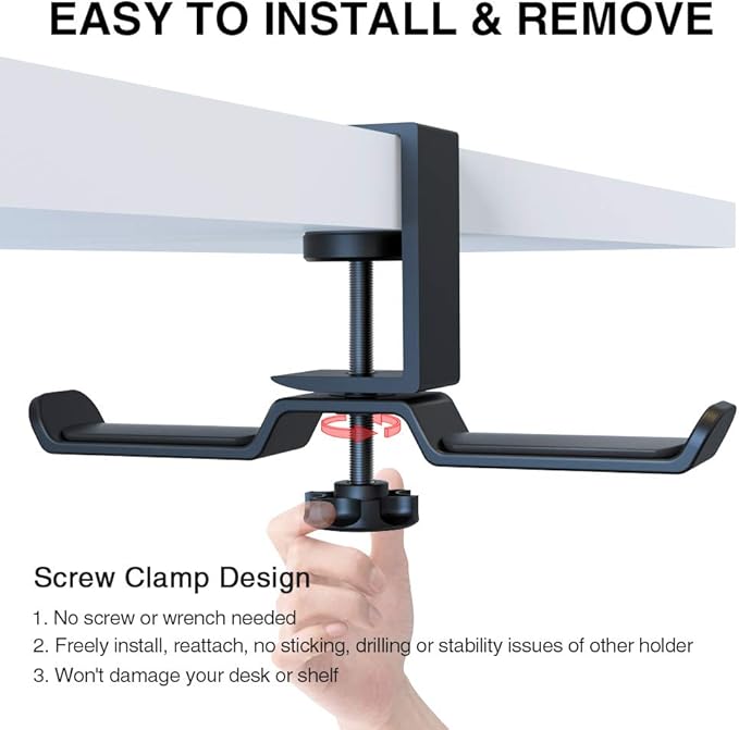 Dual Headphone Stand Hanger Under Desk, 360 Degree Rotating Aluminum Gaming Headset Holder with Adjustable Clamp, Universal Metal Earphone Hook Mount for All Headsets, Black