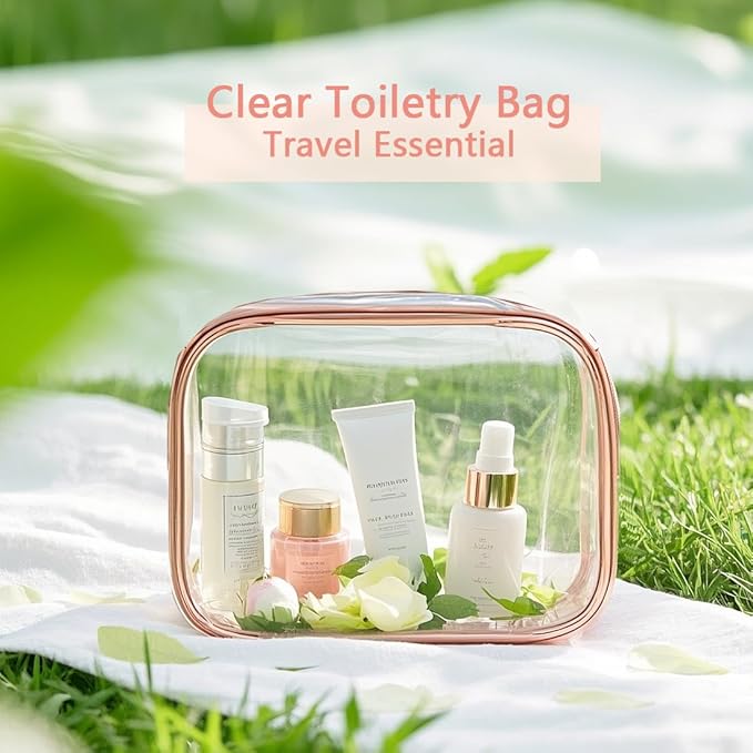 TRODANCE Clear Toiletry Bag, 3 Packs TSA Approved Water resistant Travel Organizer, Airport Airline Travel Essential Carry On Makeup Cosmetic Bags for Women, RosePink - 3 packs