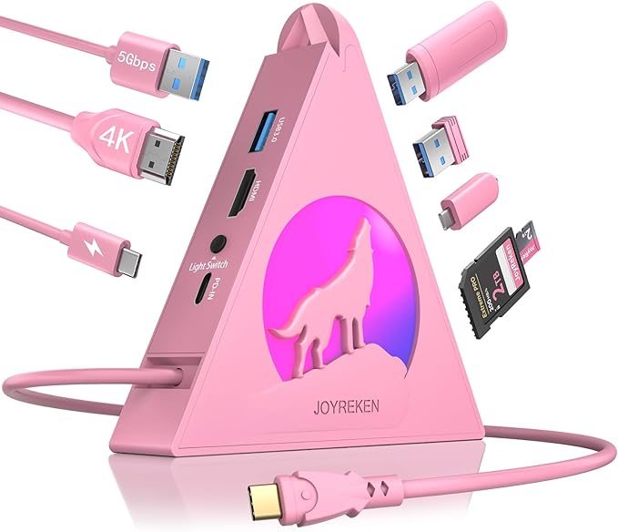 Pink USB C Hub, 8-in-1 Type C Hub with 4K HDMI, 100W Power Delivery, 5Gbps USB-C, 3xUSB-A 3.0, SD/TF Card Reader, RGB Lighting, Pink Dock for MacBook Air/Pro, iPad, iPhone16, Surface, XPS, etc.